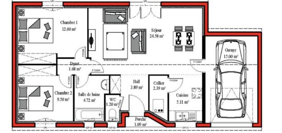Plan de maison Surface terrain 65 m2 - 3 pièces - 3  chambres -  avec garage 