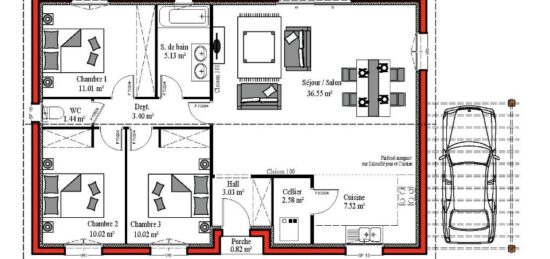 Plan de maison Surface terrain 90 m2 - 4 pièces - 3  chambres -  sans garage 