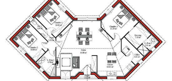 Plan de maison Surface terrain 99 m2 - 4 pièces - 3  chambres -  sans garage 