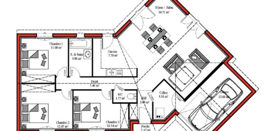 Plan de maison Surface terrain 95 m2 - 4 pièces - 4  chambres -  avec garage 