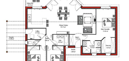 Plan de maison Surface terrain 107 m2 - 4 pièces - 3  chambres -  sans garage 