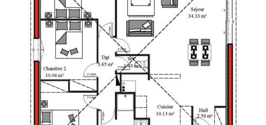 Plan de maison Surface terrain 90 m2 - 4 pièces - 3  chambres -  sans garage 