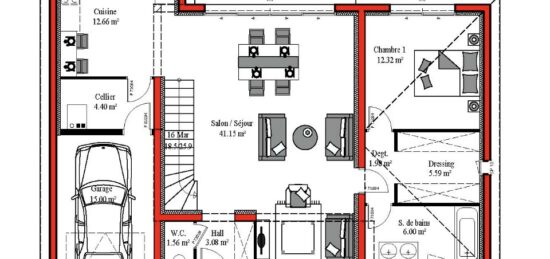 Plan de maison Surface terrain 118 m2 - 4 pièces - 3  chambres -  avec garage 