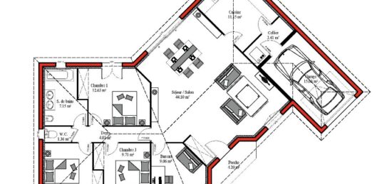 Plan de maison Surface terrain 112 m2 - 5 pièces - 3  chambres -  avec garage 