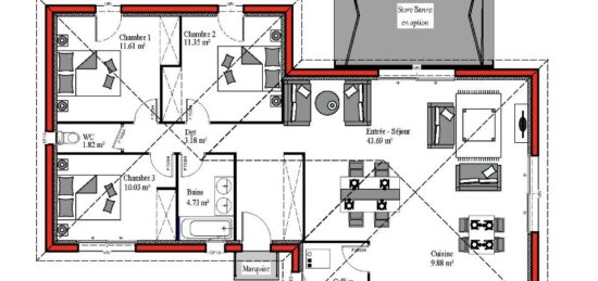 Plan de maison Surface terrain 100 m2 - 4 pièces - 4  chambres -  sans garage 