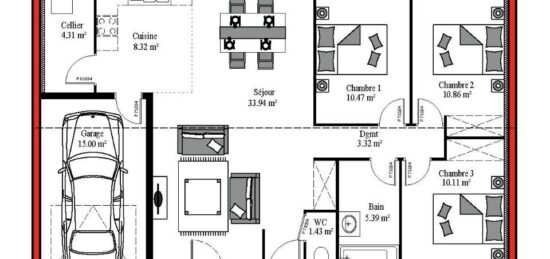Plan de maison Surface terrain 88 m2 - 4 pièces - 3  chambres -  avec garage 