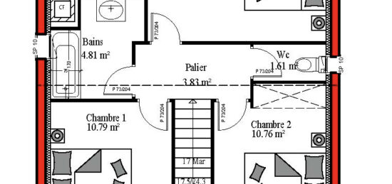 Plan de maison Surface terrain 95 m2 - 4 pièces - 3  chambres -  avec garage 